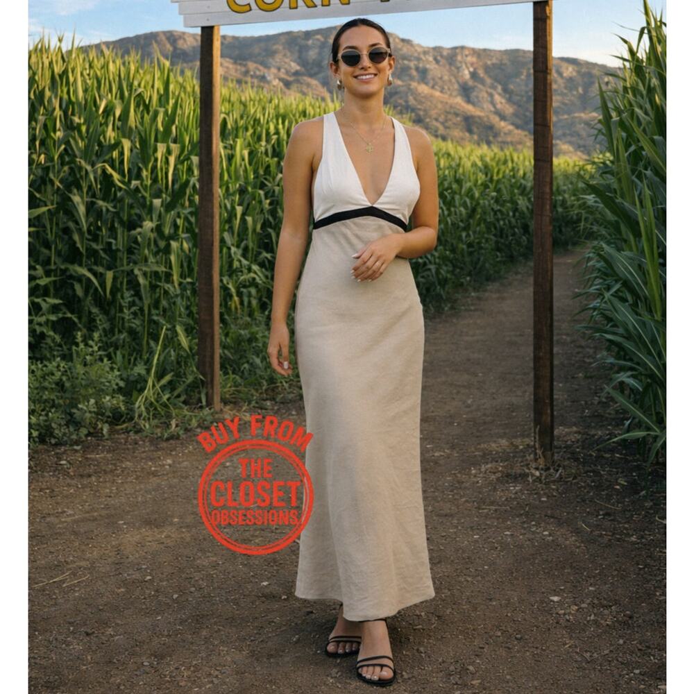 Zara Linen Open Back Midi Dress Tan Neutral Chic Resort Vacation Size M L NWT